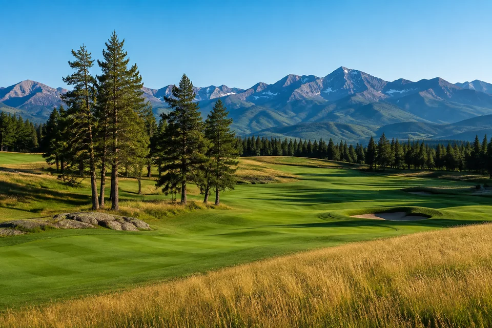 Golf landscape with a meadow fairway with mature trees and distant mountain ridges