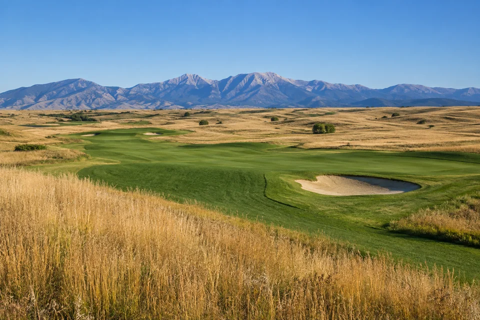 Golf landscape with an open prairie fairway bordered by golden native grasses