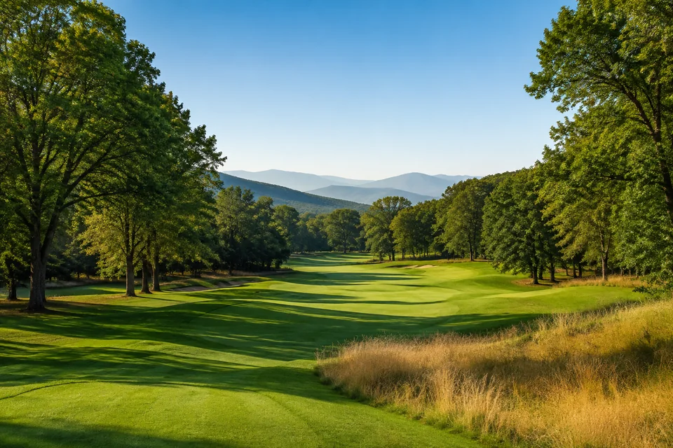 Golf landscape with a parkland fairway framed by mature leafy trees