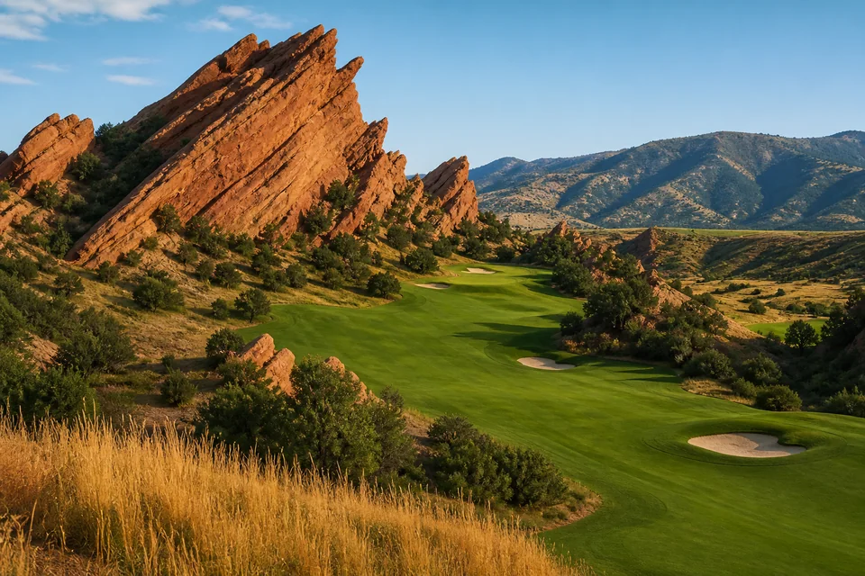 Golf landscape with red sandstone formations beside a green fairway