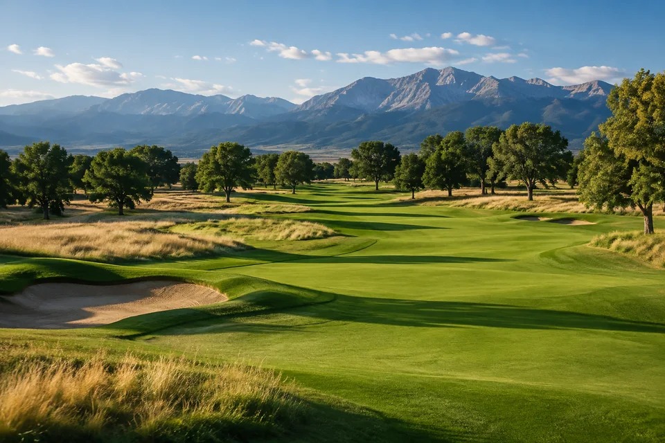 Golf landscape with rolling fairways, scattered trees, and a distant mountain horizon